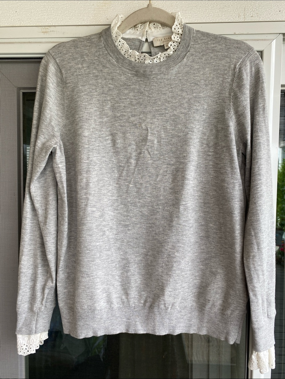 Ted Baker Gray Crewneck Sweater with Lace Trim